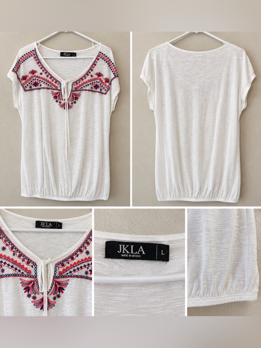 JKLA White Embroidered Tie-Neck Short Sleeve Blouse